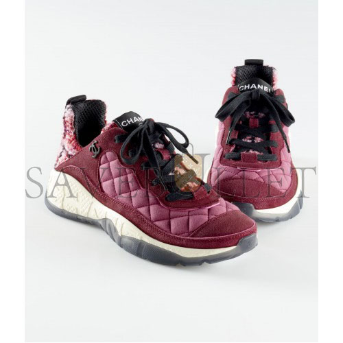 CHANEL SNEAKERS 		FABRIC, TWEED & SUEDE CALFSKIN			LIGHT BURGUNDY, PINK & BLACK G39234 Y55990 K47