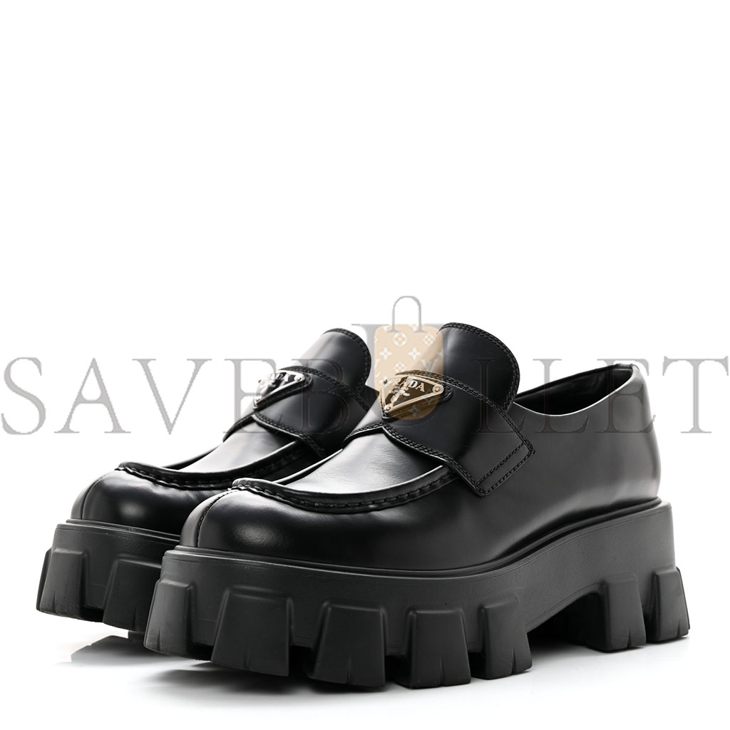 PRADA SPAZZOLATO ROIS METAL TRIANGLE LOGO MONOLITH 55MM LOAFERS 39 BLACK