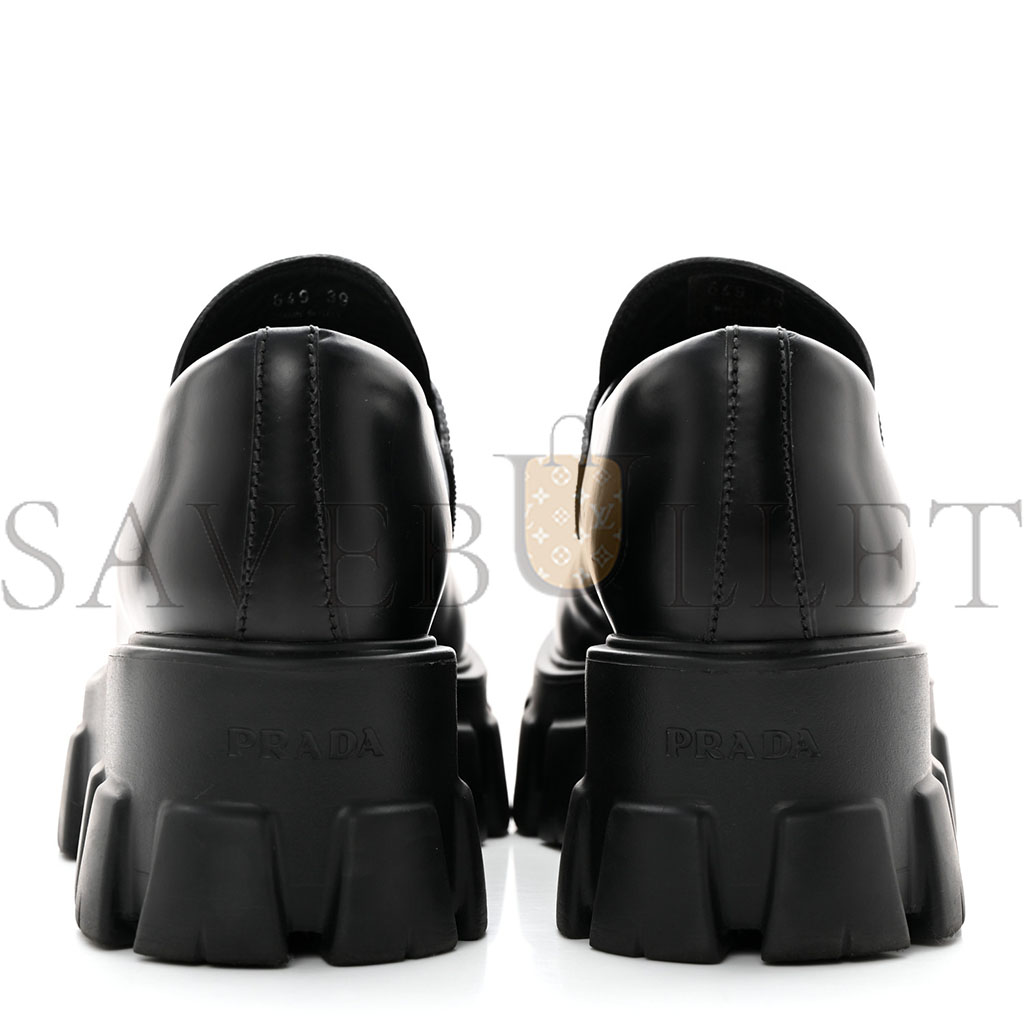 PRADA SPAZZOLATO ROIS METAL TRIANGLE LOGO MONOLITH 55MM LOAFERS 39 BLACK