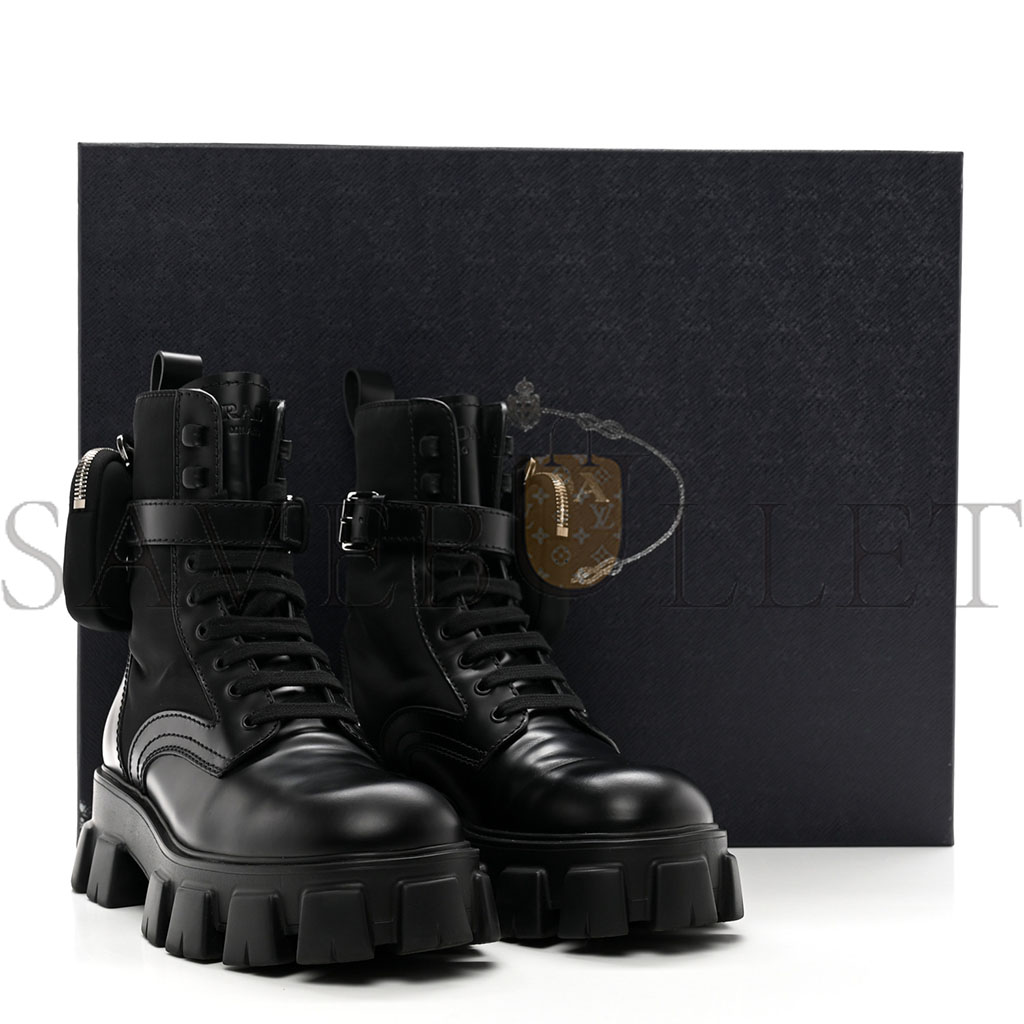 PRADA SPAZZOLATO ROIS RE-NYLON METAL TRIANGLE LOGO MENS MONOLITH POUCH POCKET 60MM COMBAT BOOTS 7.5 BLACK