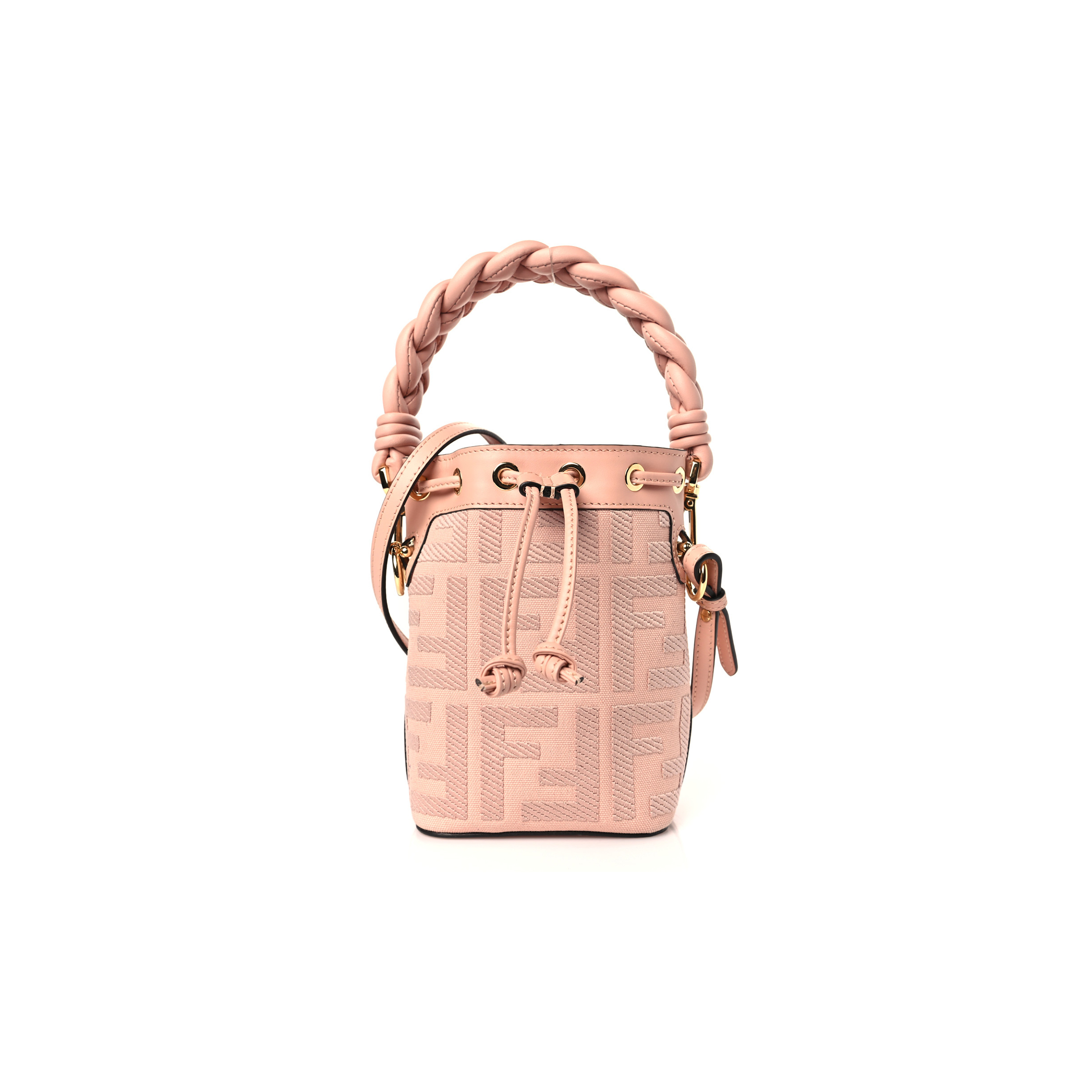 FENDI CANVAS NAPPA F IS FENDI FF EMBROIDERED MINI MON TRESOR BUCKET BAG BABY PINK (18*12*10cm)