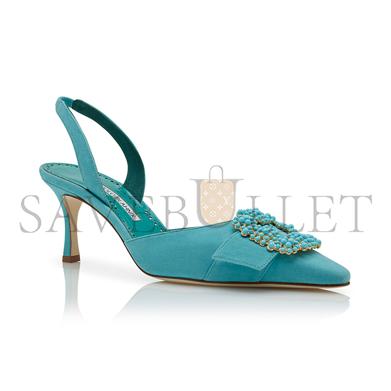 MANOLO BLAHNIK GIBSLIUS LIGHT BLUE SUEDE PEARL BUCKLE SLINGBACK PUMPS 125-2897-0003 MANOLO BLAHNIK GIBSLIUS LIGHT BLUE SUEDE PEARL BUCKLE SLINGBACK PUMPS 125-2897-0003