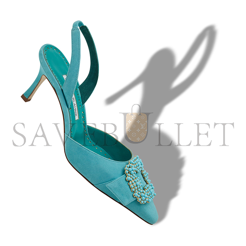 MANOLO BLAHNIK GIBSLIUS LIGHT BLUE SUEDE PEARL BUCKLE SLINGBACK PUMPS 125-2897-0003 MANOLO BLAHNIK GIBSLIUS LIGHT BLUE SUEDE PEARL BUCKLE SLINGBACK PUMPS 125-2897-0003