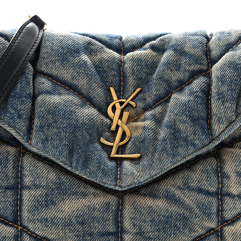 YSL LOULOU PUFFER MONOGRAM CHAIN SATCHEL BLUE BLACK 1525526 (23*15.8*5.8cm)