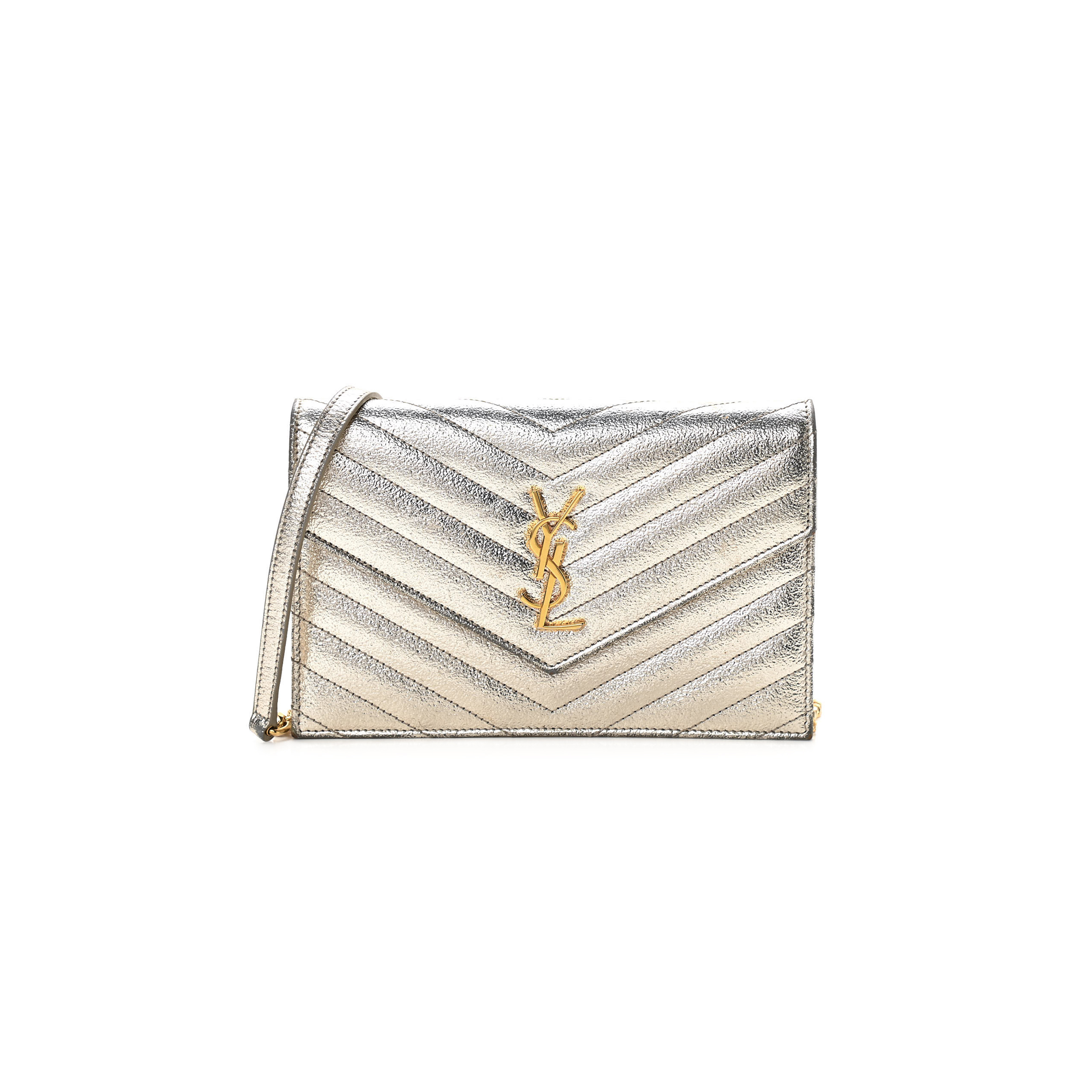 YSL CASSANDRE ENVELOPE CHAIN WALLET IN GRAIN DE POUDRE EMBOSSED LEATHER METALLIC 3939531032299 (19*12.5*3.5cm)