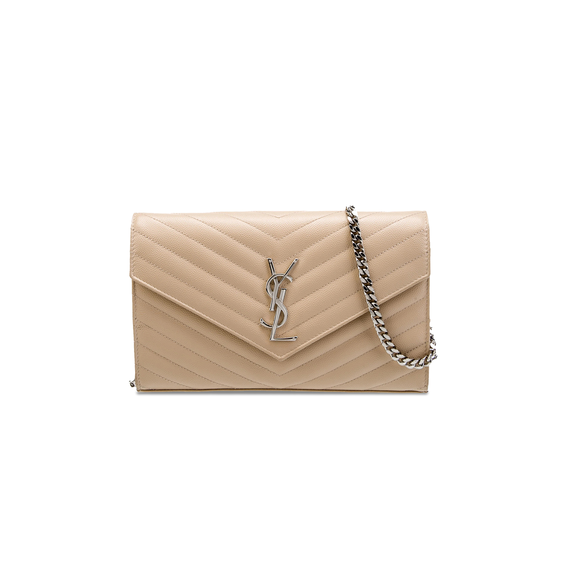 YSL CASSANDRE MATELASSÉ ENVELOPE CHAIN WALLET IN GRAIN DE POUDRE EMBOSSED LEATHER 695108311257 (19*12.5*3.5cm)