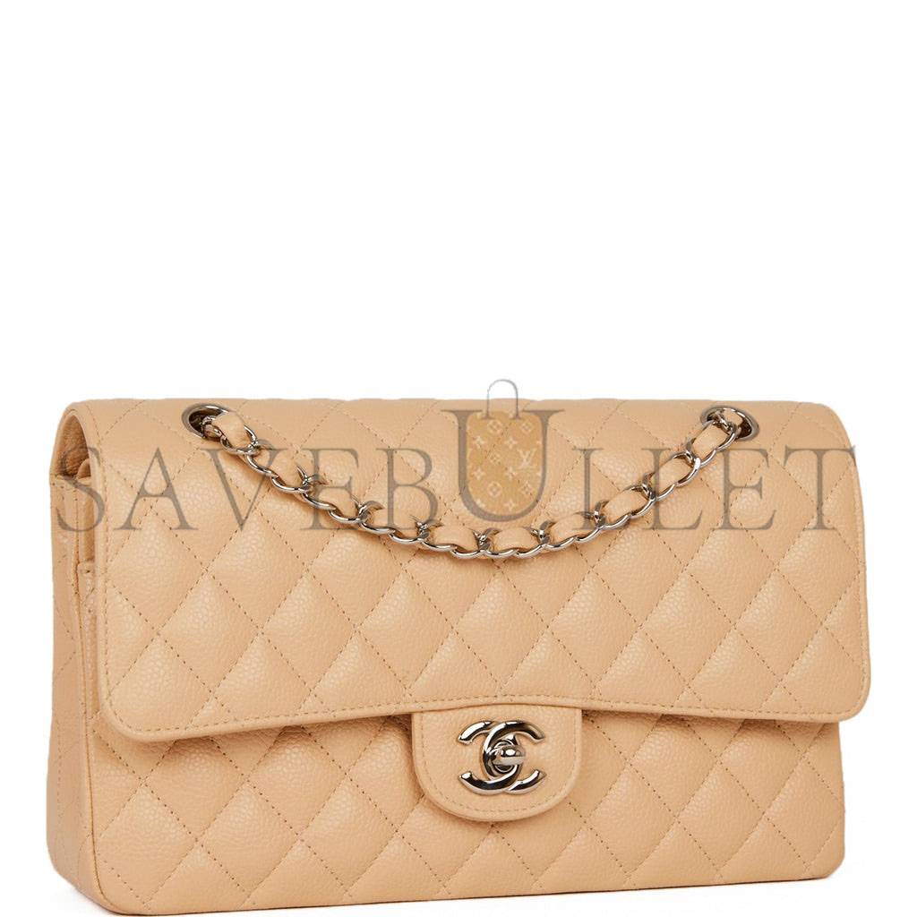 CHANEL MEDIUM CLASSIC DOUBLE FLAP BAG BEIGE CAVIAR SILVER HARDWARE (25*15*7cm)