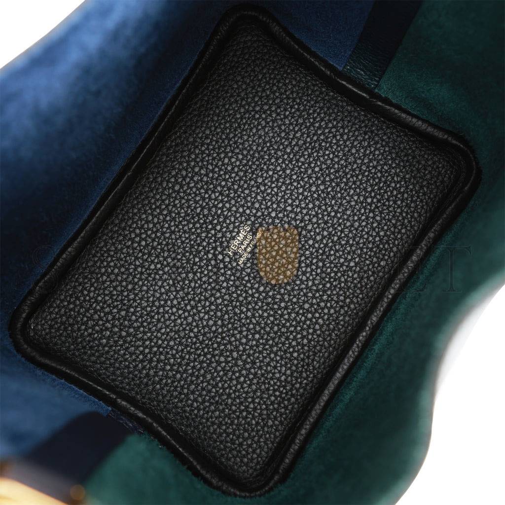 HERMES PICOTIN LOCK 18 CASAQUE VERT CYPRESS, BLEU NUIT AND BLACK CLEMENCE GOLD HARDWARE(18*13*18cm)