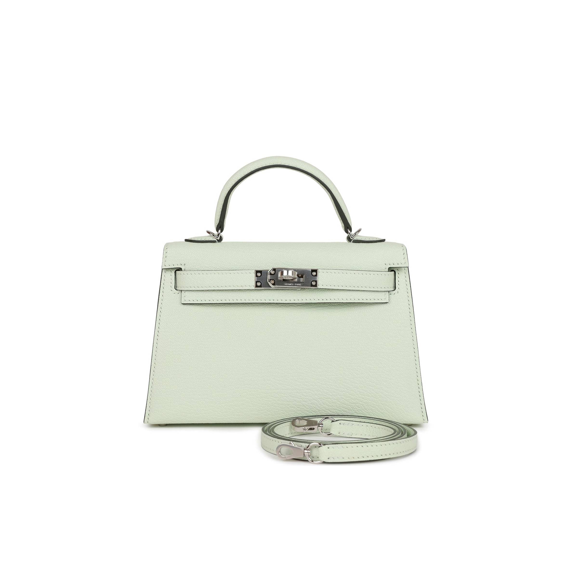 HERMES MINI KELLY SELLIER 20 VERT FIZZ CHEVRE PALLADIUM HARDWARE (19*12*5.5cm) HERMES MINI KELLY SELLIER 20 VERT FIZZ CHEVRE PALLADIUM HARDWARE (19*12*5.5cm)