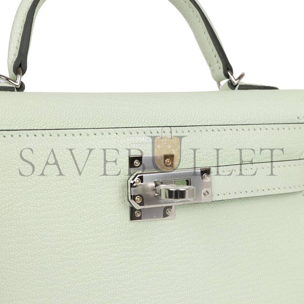 HERMES MINI KELLY SELLIER 20 VERT FIZZ CHEVRE PALLADIUM HARDWARE (19*12*5.5cm) HERMES MINI KELLY SELLIER 20 VERT FIZZ CHEVRE PALLADIUM HARDWARE (19*12*5.5cm)