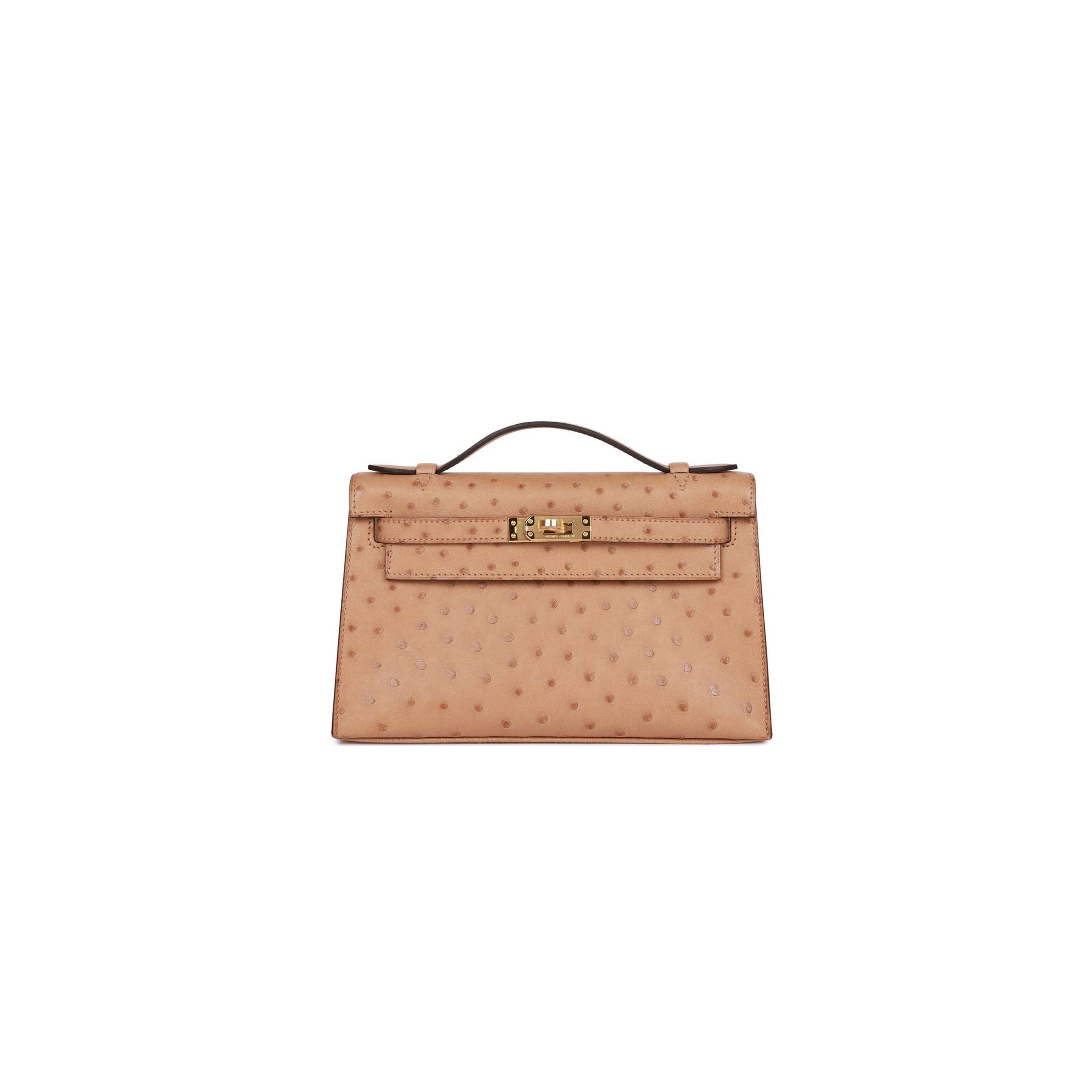 HERMES KELLY POCHETTE CHAI OSTRICH GOLD HARDWARE (22*12*13cm) HERMES KELLY POCHETTE CHAI OSTRICH GOLD HARDWARE (22*12*13cm)