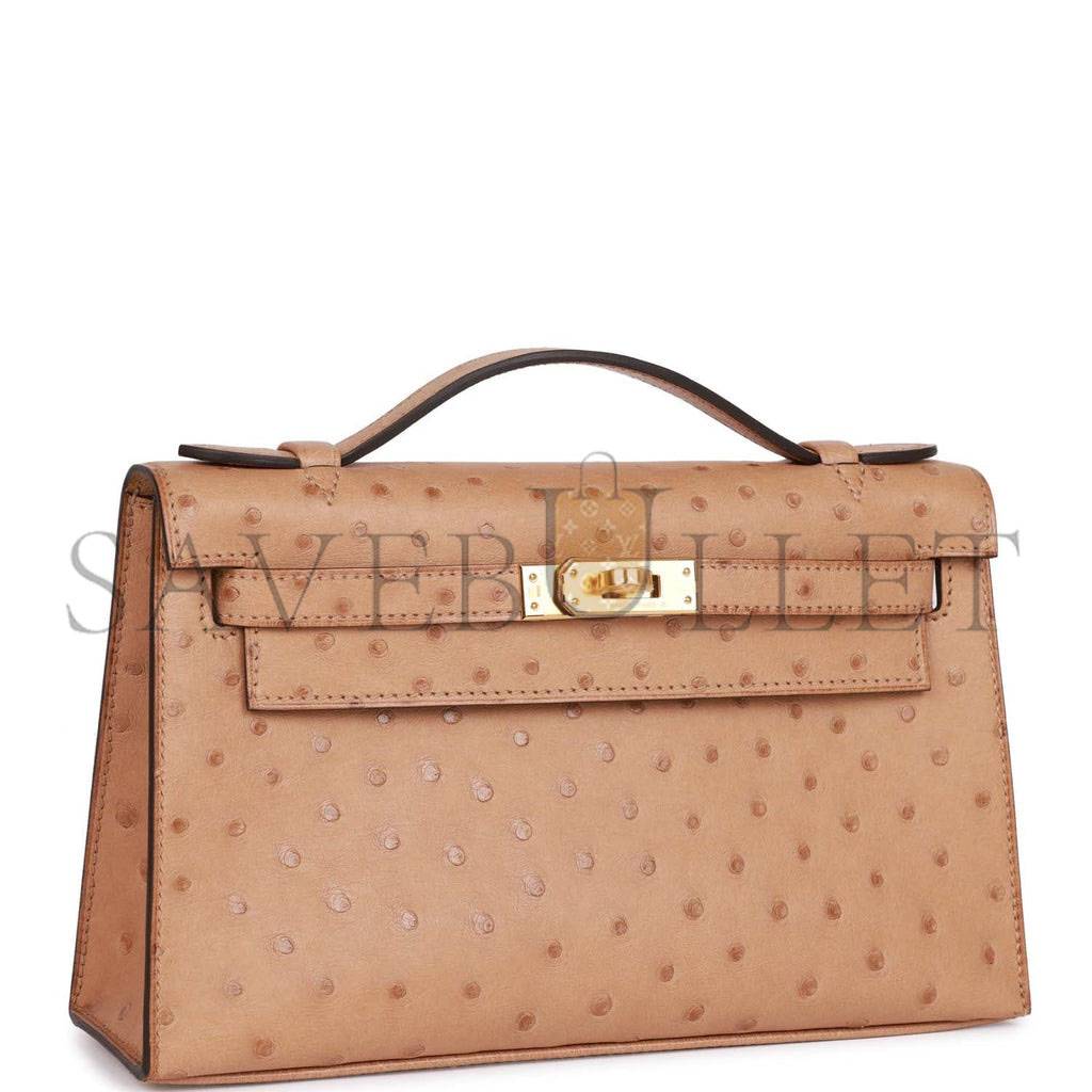 HERMES KELLY POCHETTE CHAI OSTRICH GOLD HARDWARE (22*12*13cm) HERMES KELLY POCHETTE CHAI OSTRICH GOLD HARDWARE (22*12*13cm)