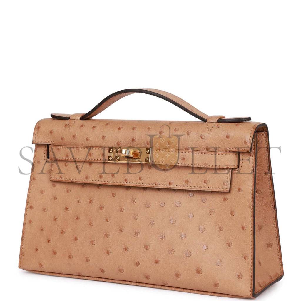HERMES KELLY POCHETTE CHAI OSTRICH GOLD HARDWARE (22*12*13cm) HERMES KELLY POCHETTE CHAI OSTRICH GOLD HARDWARE (22*12*13cm)