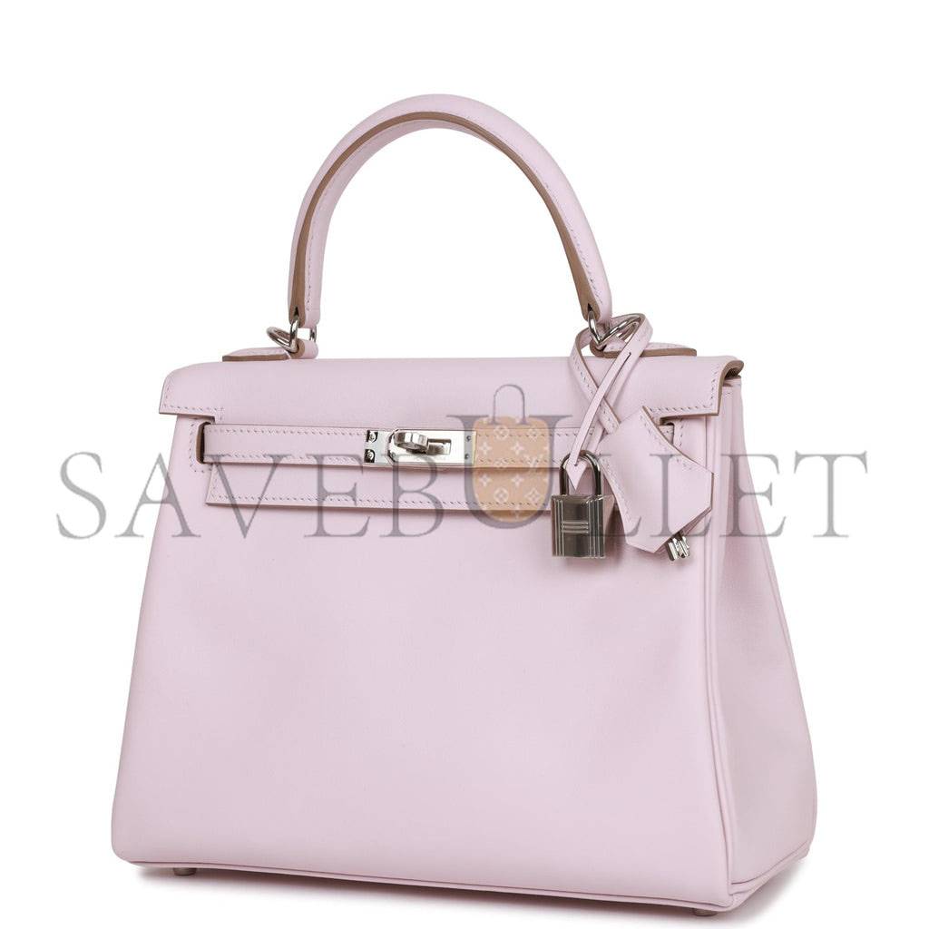 HERMES KELLY RETOURNE 25 MAUVE PALE SWIFT PALLADIUM HARDWARE HANDMADE(25*17*7cm)