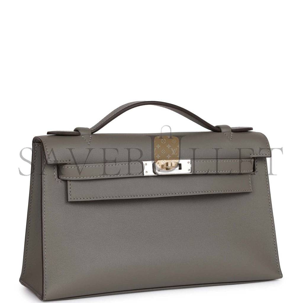 HERMES MINI KELLY POCHETTE GRIS MEYER SWIFT PALLADIUM HARDWARE (22*14*7cm) HERMES MINI KELLY POCHETTE GRIS MEYER SWIFT PALLADIUM HARDWARE (22*14*7cm)