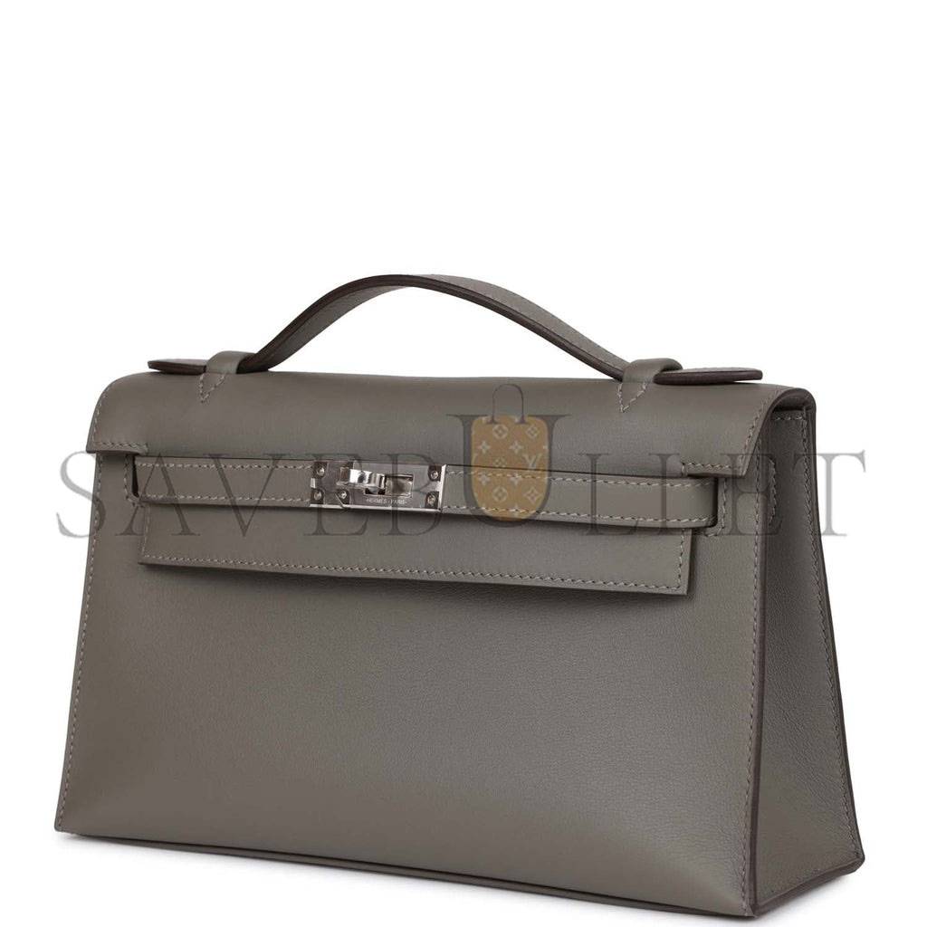 HERMES MINI KELLY POCHETTE GRIS MEYER SWIFT PALLADIUM HARDWARE (22*14*7cm) HERMES MINI KELLY POCHETTE GRIS MEYER SWIFT PALLADIUM HARDWARE (22*14*7cm)