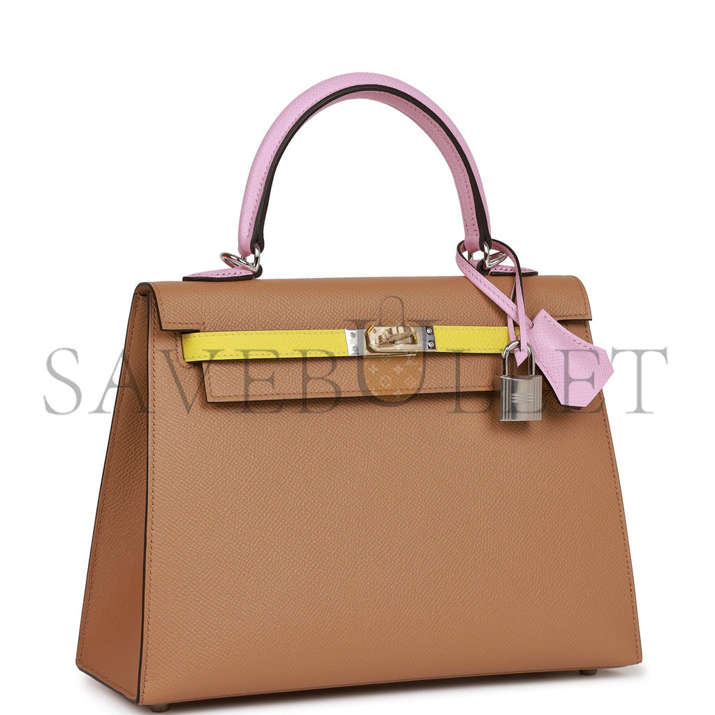 HERMES KELLY SELLIER 25 TRI-COLOR CHAI, LIME AND MAUVE SYLVESTRE EPSOM PALLADIUM HARDWARE(25*17*7cm) HERMES KELLY SELLIER 25 TRI-COLOR CHAI, LIME AND MAUVE SYLVESTRE EPSOM PALLADIUM HARDWARE(25*17*7cm)
