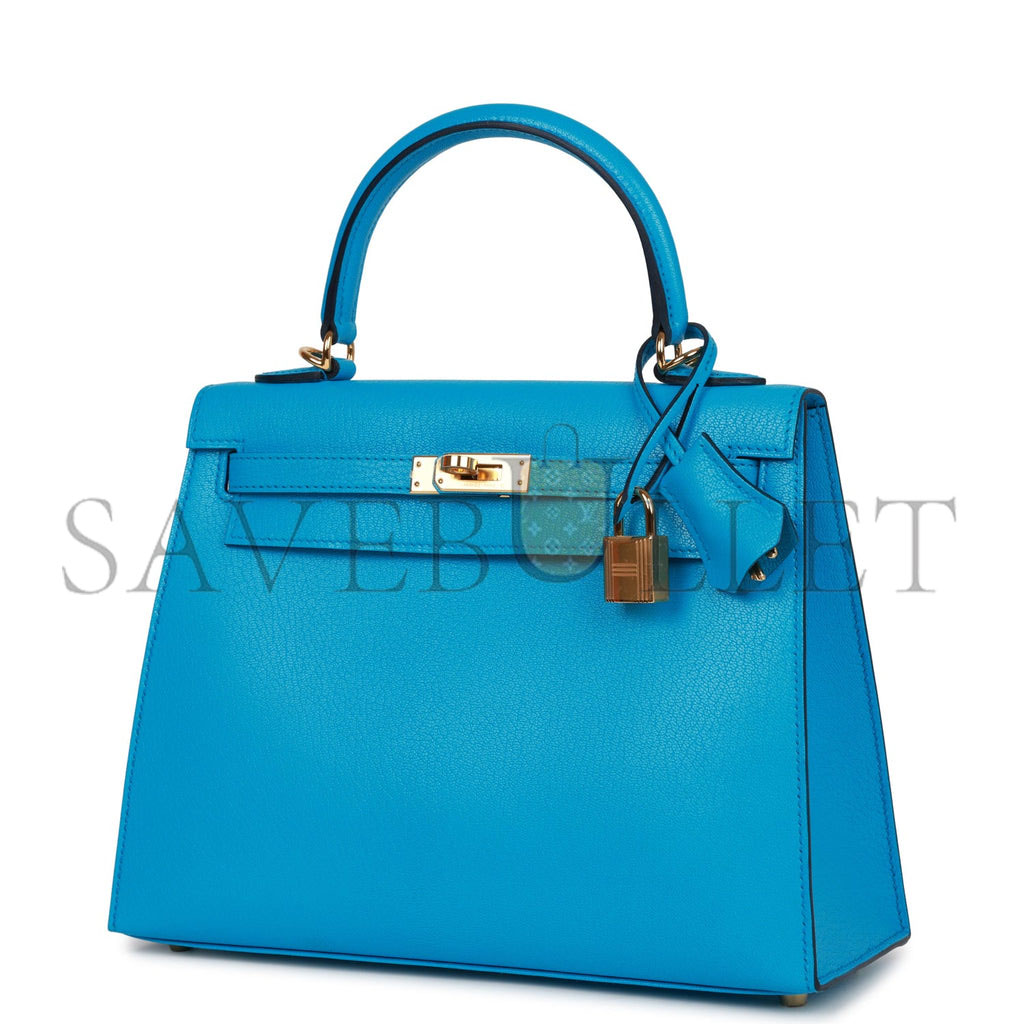 HERMES KELLY SELLIER 25 BLEU FRIDA CHEVRE GOLD HARDWARE (25*17*7cm) HERMES KELLY SELLIER 25 BLEU FRIDA CHEVRE GOLD HARDWARE (25*17*7cm)