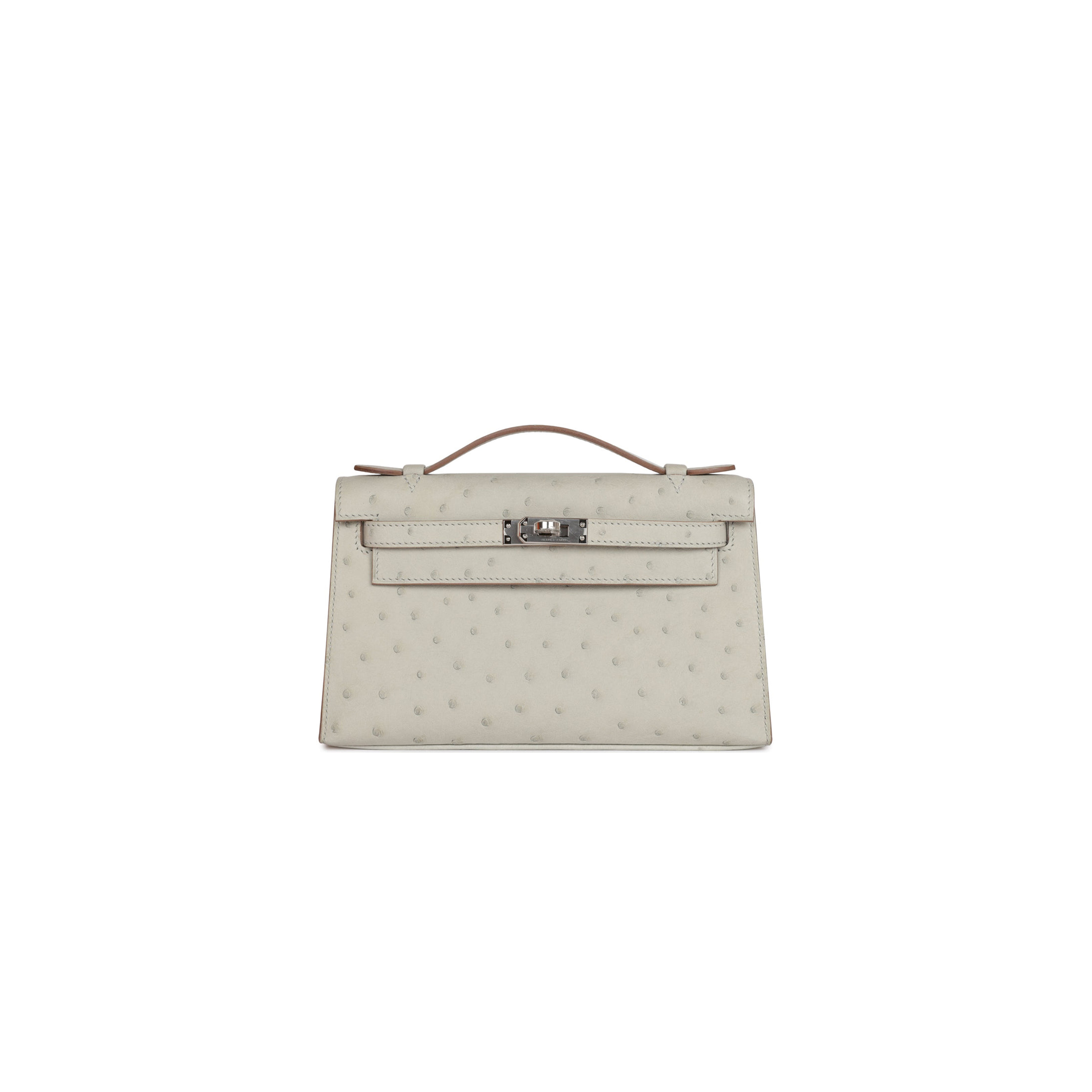 HERMES MINI KELLY POCHETTE GRIS PERLE OSTRICH PALLADIUM HARDWARE (22*14*7cm) HERMES MINI KELLY POCHETTE GRIS PERLE OSTRICH PALLADIUM HARDWARE (22*14*7cm)