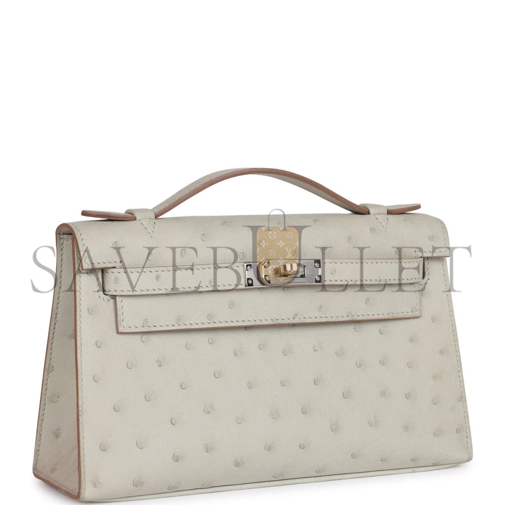 HERMES MINI KELLY POCHETTE GRIS PERLE OSTRICH PALLADIUM HARDWARE (22*14*7cm) HERMES MINI KELLY POCHETTE GRIS PERLE OSTRICH PALLADIUM HARDWARE (22*14*7cm)