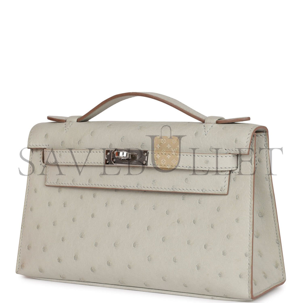 HERMES MINI KELLY POCHETTE GRIS PERLE OSTRICH PALLADIUM HARDWARE (22*14*7cm) HERMES MINI KELLY POCHETTE GRIS PERLE OSTRICH PALLADIUM HARDWARE (22*14*7cm)