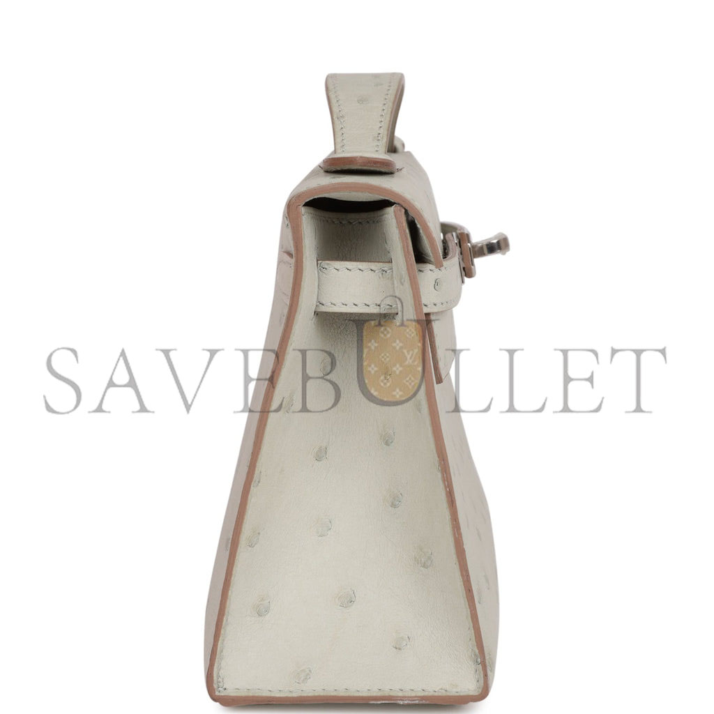 HERMES MINI KELLY POCHETTE GRIS PERLE OSTRICH PALLADIUM HARDWARE (22*14*7cm) HERMES MINI KELLY POCHETTE GRIS PERLE OSTRICH PALLADIUM HARDWARE (22*14*7cm)
