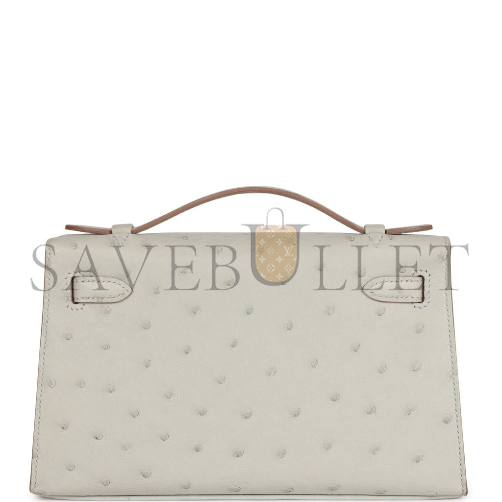 HERMES MINI KELLY POCHETTE GRIS PERLE OSTRICH PALLADIUM HARDWARE (22*14*7cm) HERMES MINI KELLY POCHETTE GRIS PERLE OSTRICH PALLADIUM HARDWARE (22*14*7cm)