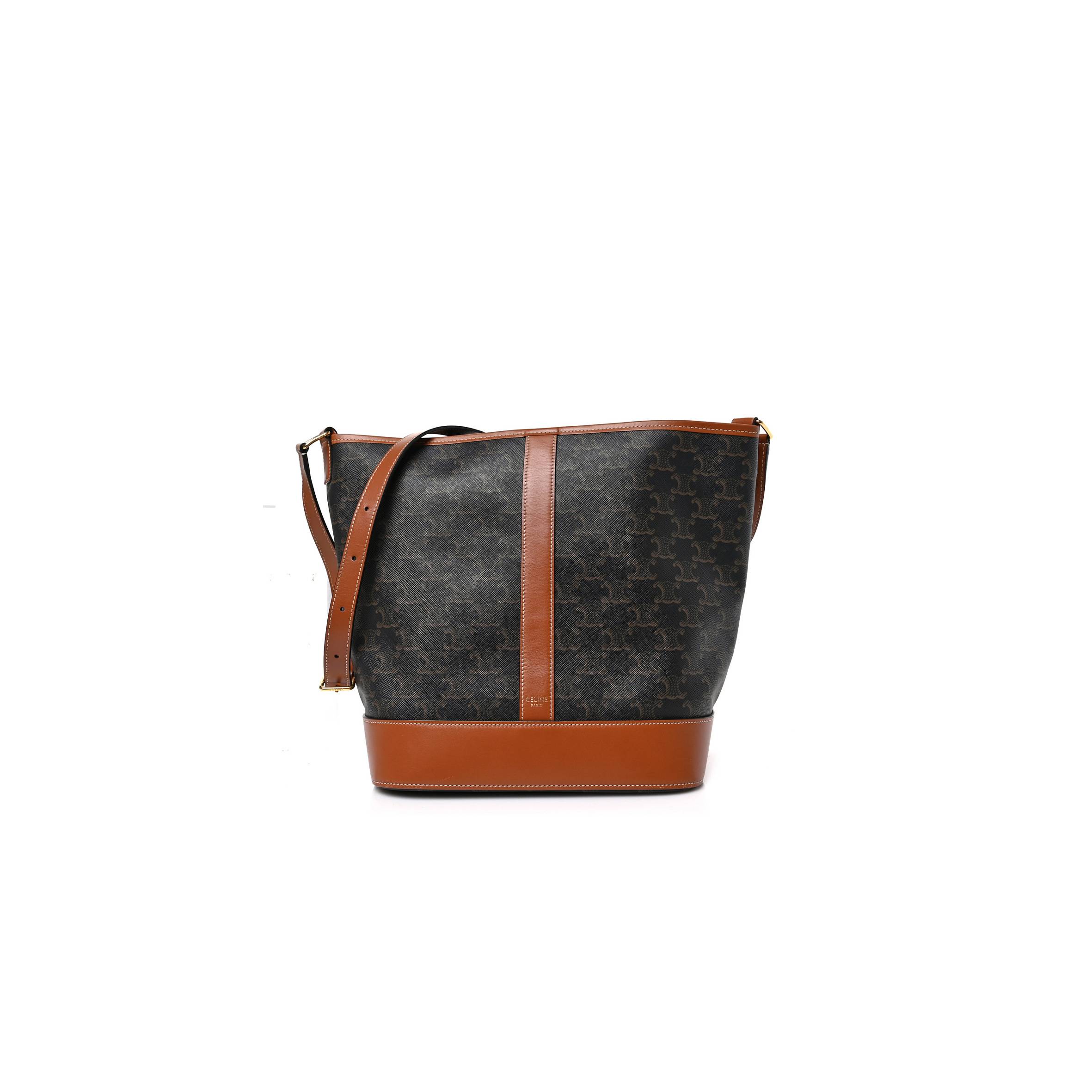 CELINE TRIOMPHE CANVAS CALFSKIN MEDIUM BUCKET BAG TAN (27*23*18cm) CELINE TRIOMPHE CANVAS CALFSKIN MEDIUM BUCKET BAG TAN (27*23*18cm)